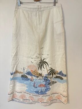 Cynthia Rowley Linen Skirt L Coastal Scenic Print Palm Sailboat Midi